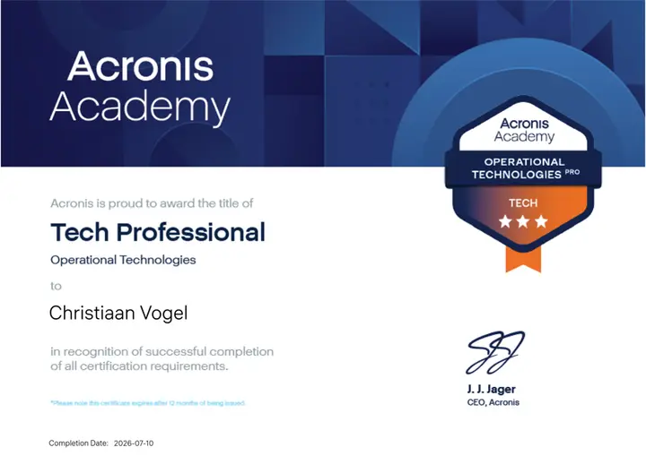 Acronis certificate: Tech Professional — Operational Technologies, issued to Christiaan Vogel