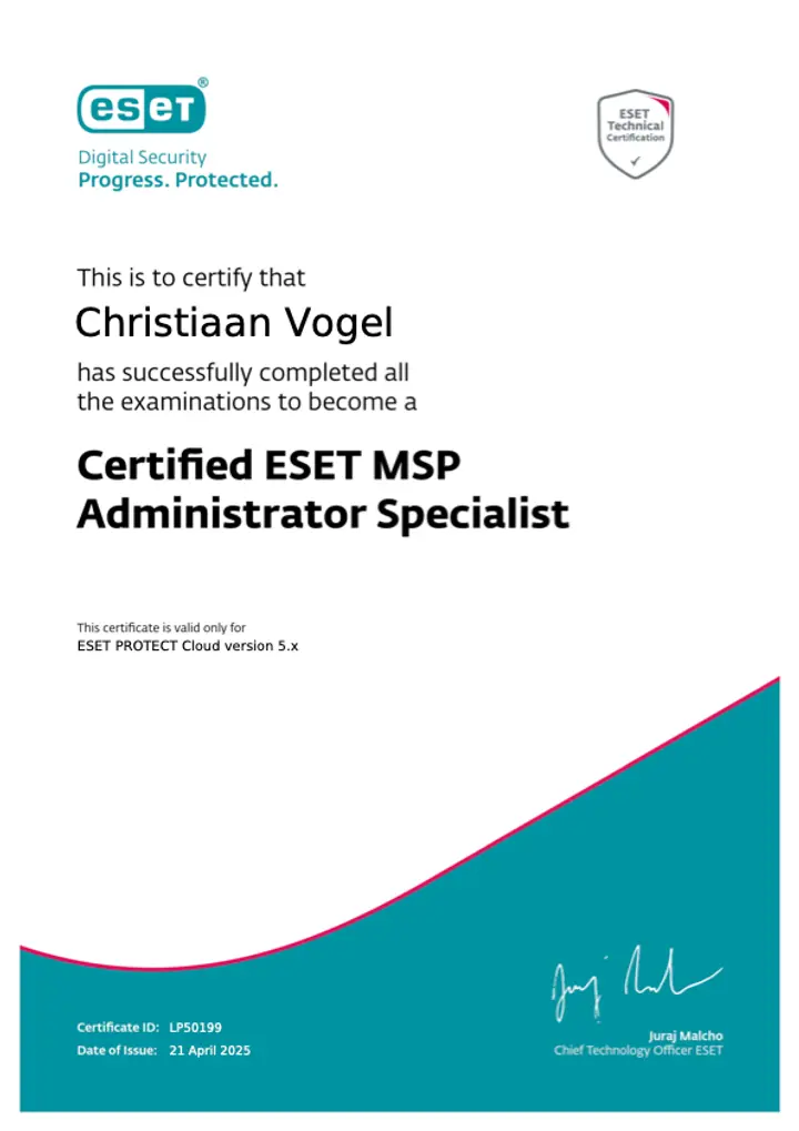 ESET certificate: Certified MSP Administrator Specialist v2, issued to Christiaan Vogel