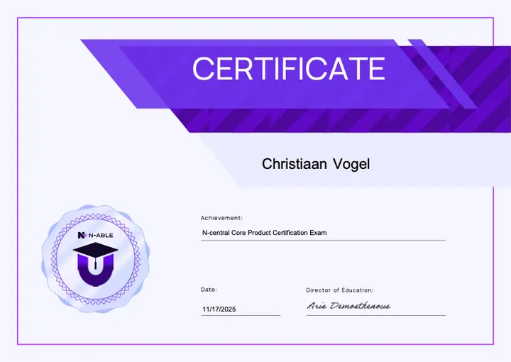 N-able certificate: N-central Core Product Certification, issued to Christiaan Vogel
