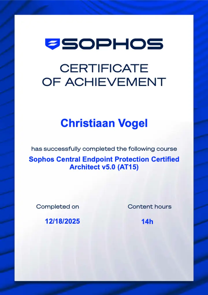 Sophos certificate: Central Endpoint Certified Architect v5.0, issued to Christiaan Vogel