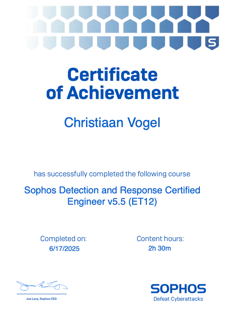 Sophos certificate: Detection & Response Certified Engineer v5.5, issued to Christiaan Vogel