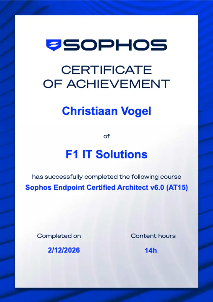 Sophos certificate: Endpoint Certified Architect v6.0, issued to Christiaan Vogel