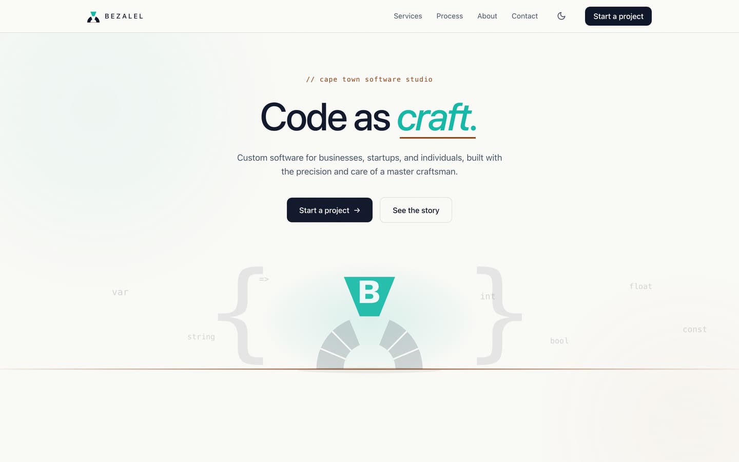 The Bezalel Software homepage, showing the keystone brand mark and the 'code as craft' positioning.